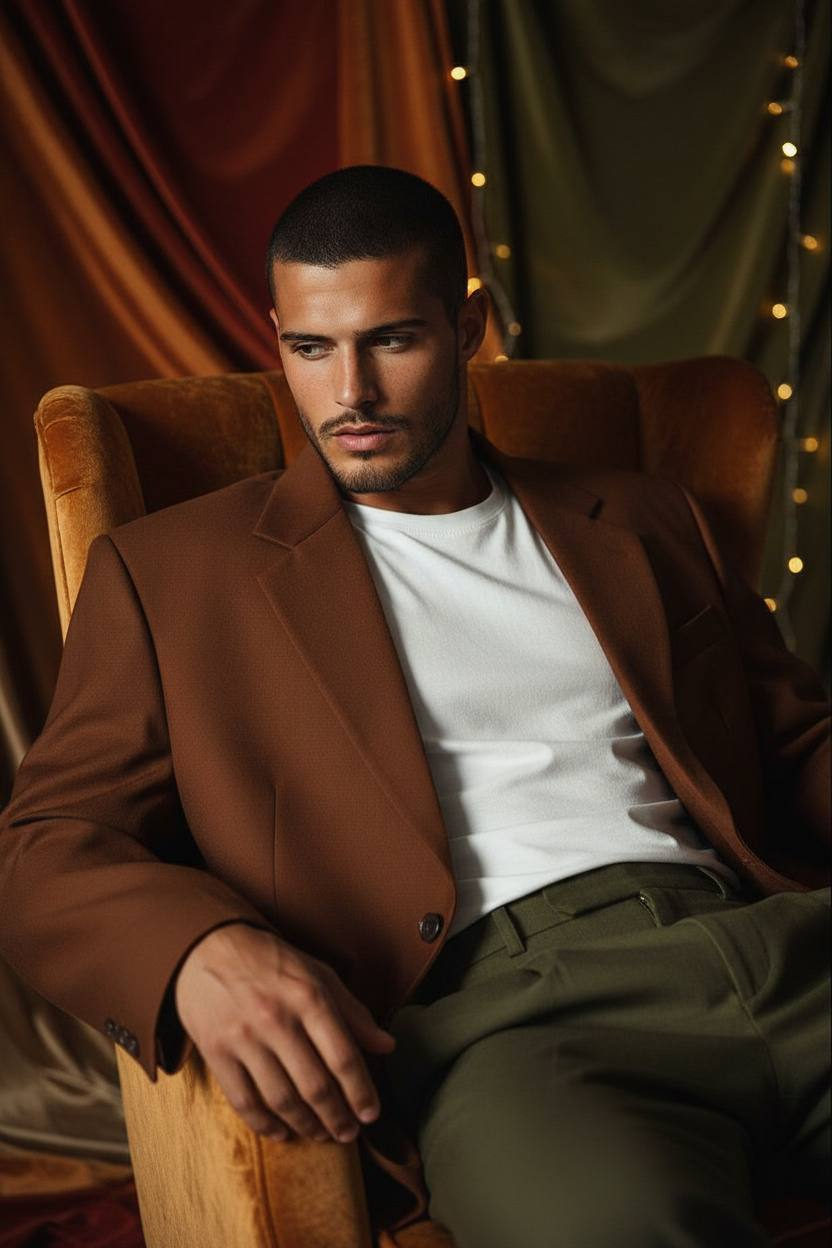A person seated in an oversized blazer and loose trousers on a velvet chair, with soft lighting highlighting their face.