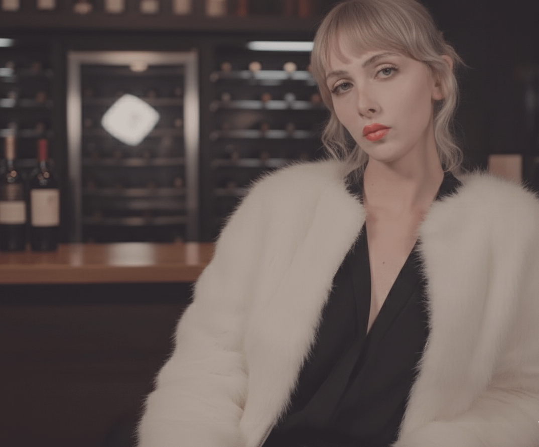 Model in a plush white faux-fur jacket against a dimly lit wine bar.