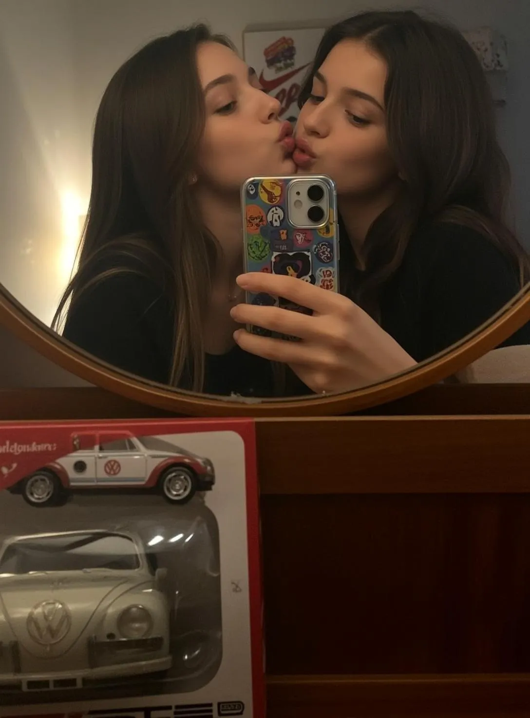 Explore Two Young Women Are Reflected Mirror