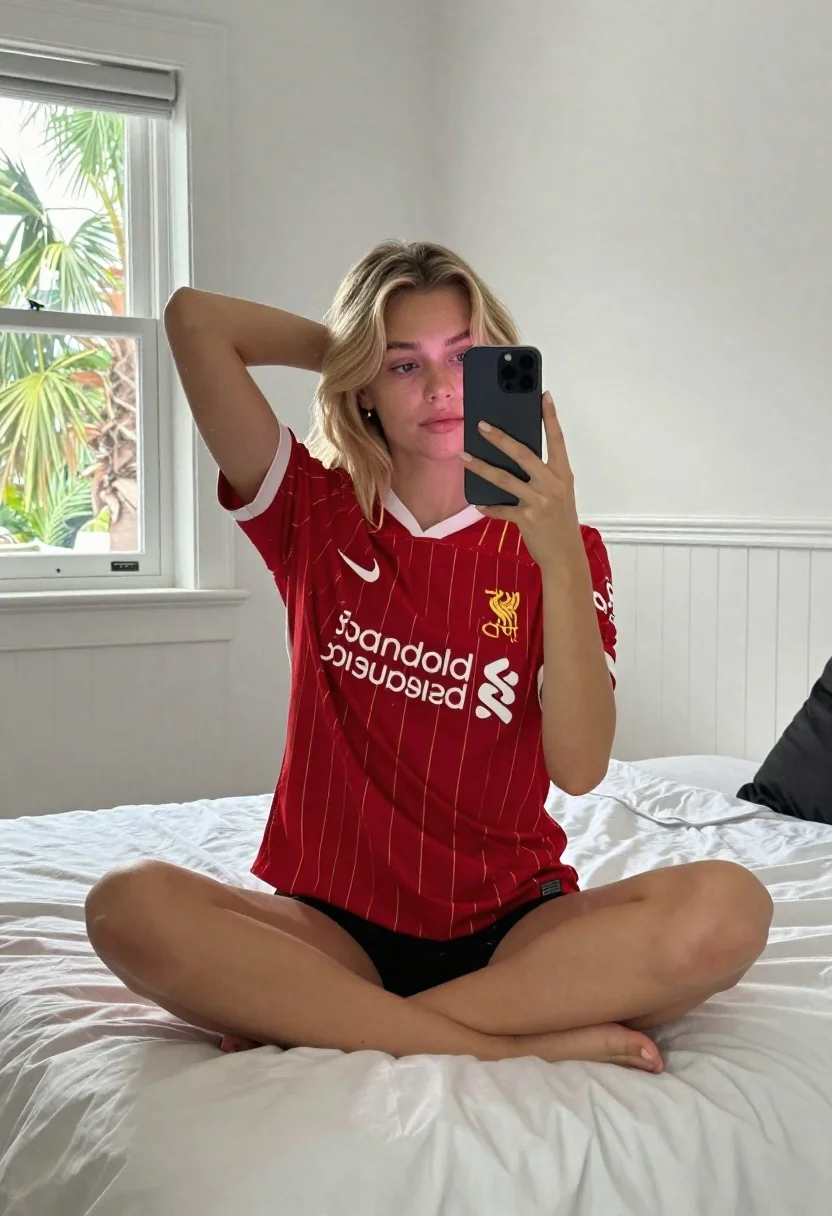 A young woman with wavy blonde hair sitting cross-legged on a white bed, taking a mirror selfie with soft natural light.