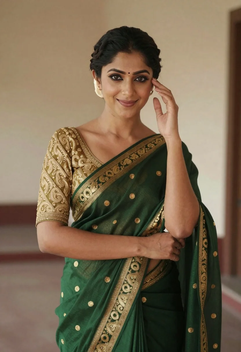 Smiling Woman Posing Traditional Green Saree With Gold Embroidery And reference photo