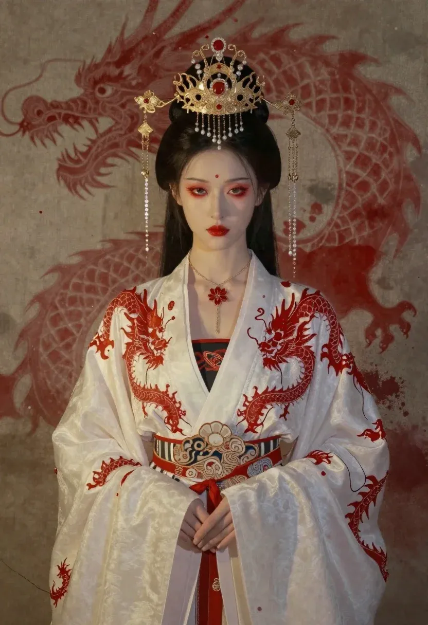 Digital Painting Solemn Woman Traditional Chinese Attire With Intricate Dragon