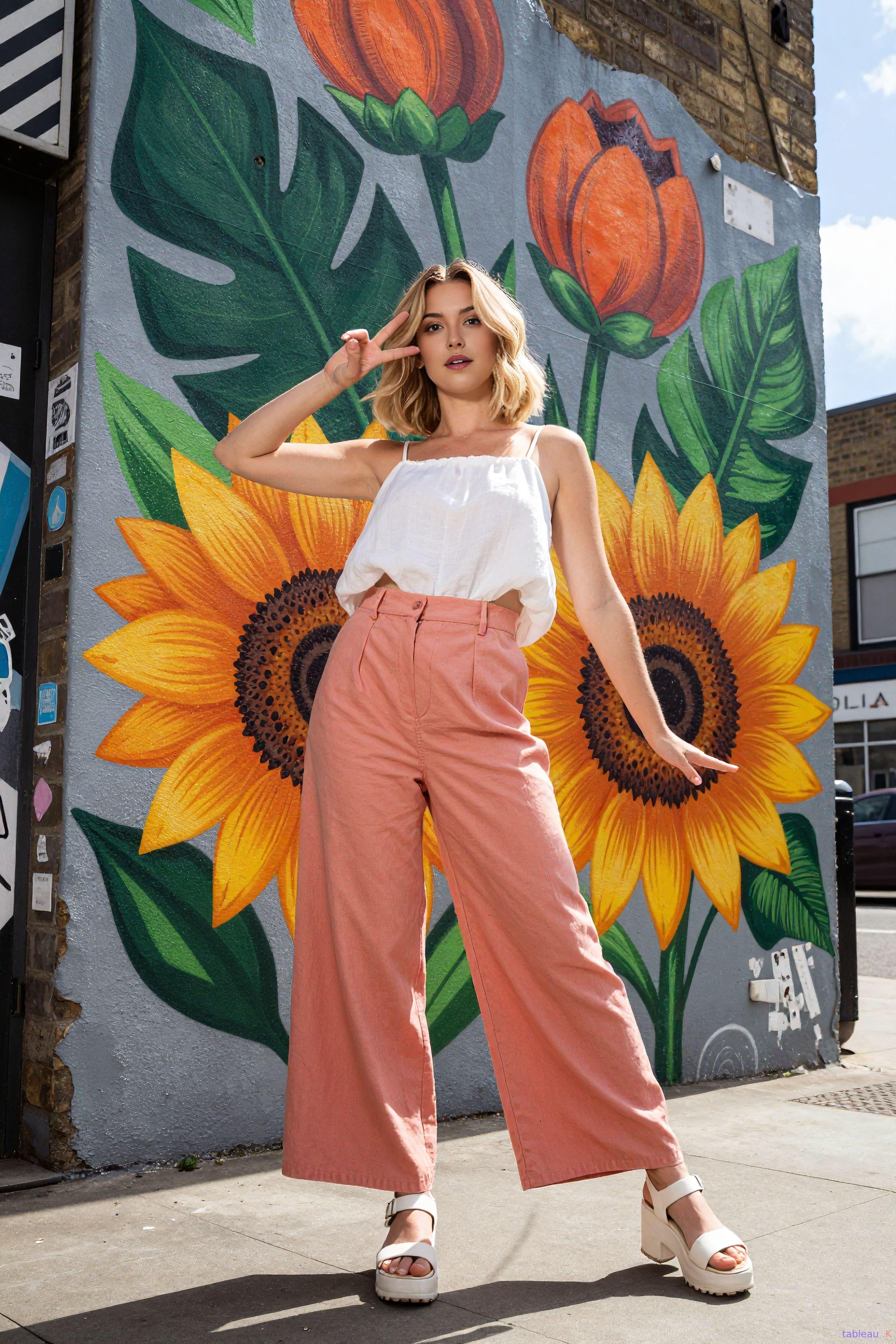A person in a white crop top and salmon pants poses in front of a sunflower mural with a peace sign gesture.