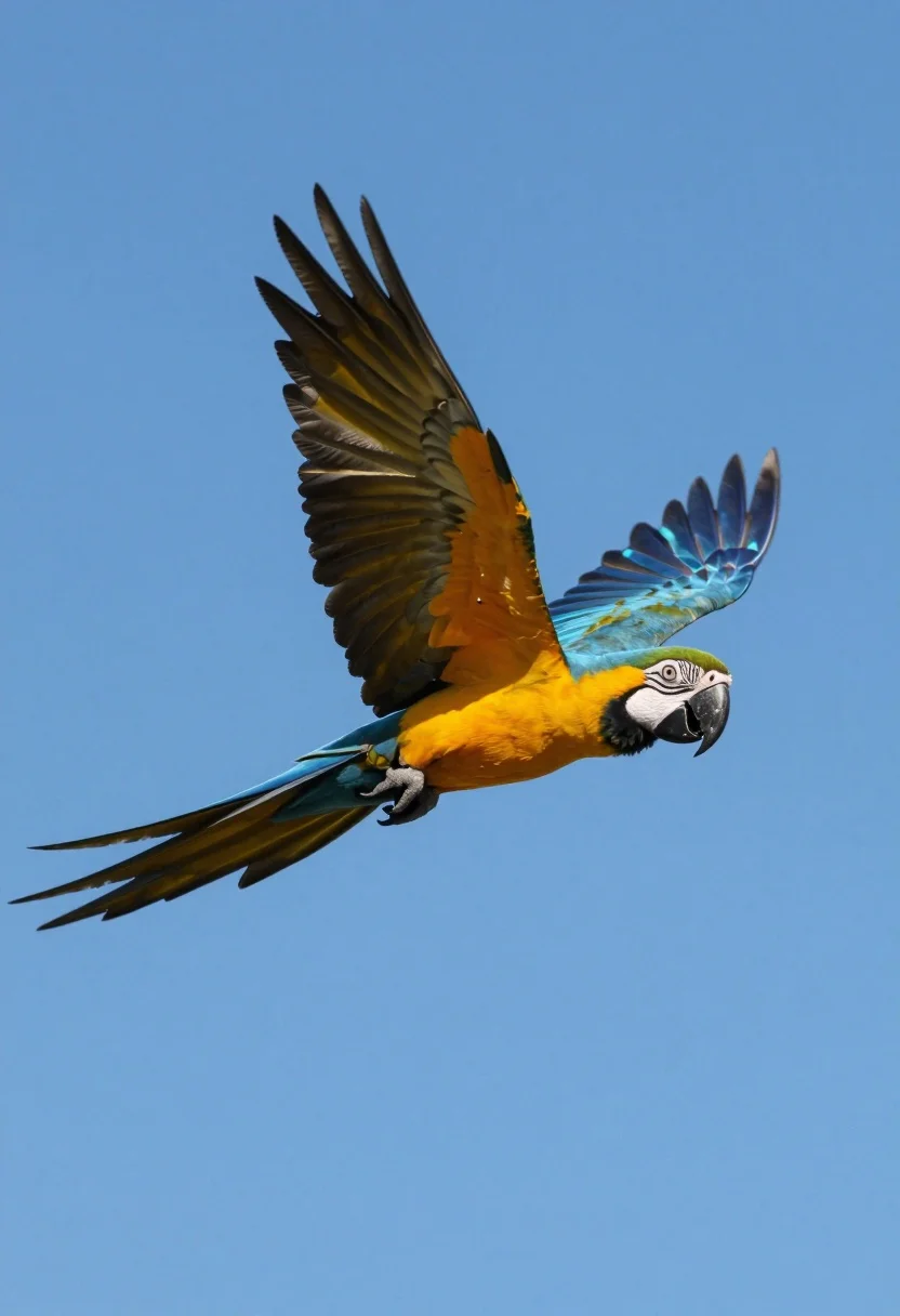 Majestic Blue-and-yellow Macaw Soaring Through The Sky With Wings Fully