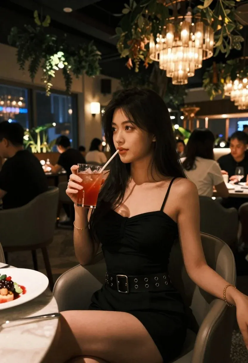 Young Woman With Long Dark Hair Sits Dimly Lit Restaurant