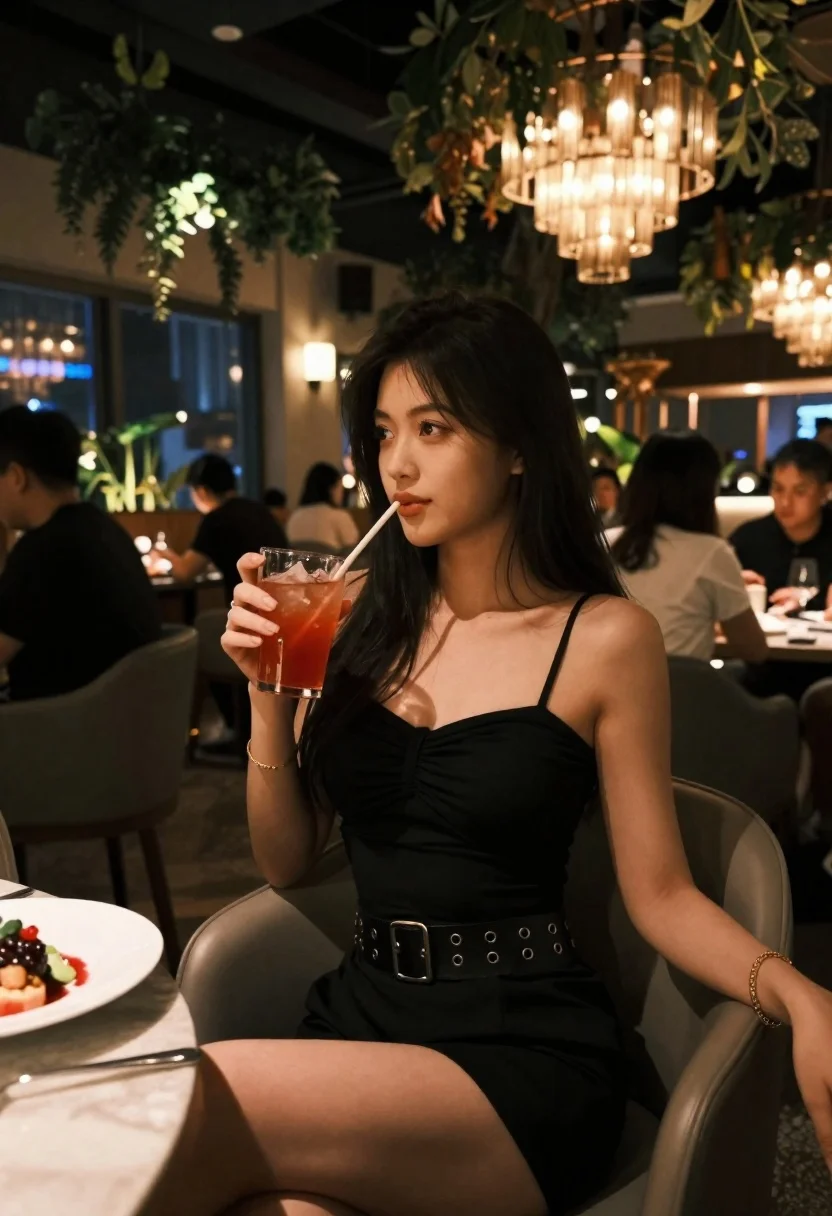 Young Woman With Long Dark Hair Sits Dimly Lit Restaurant reference photo