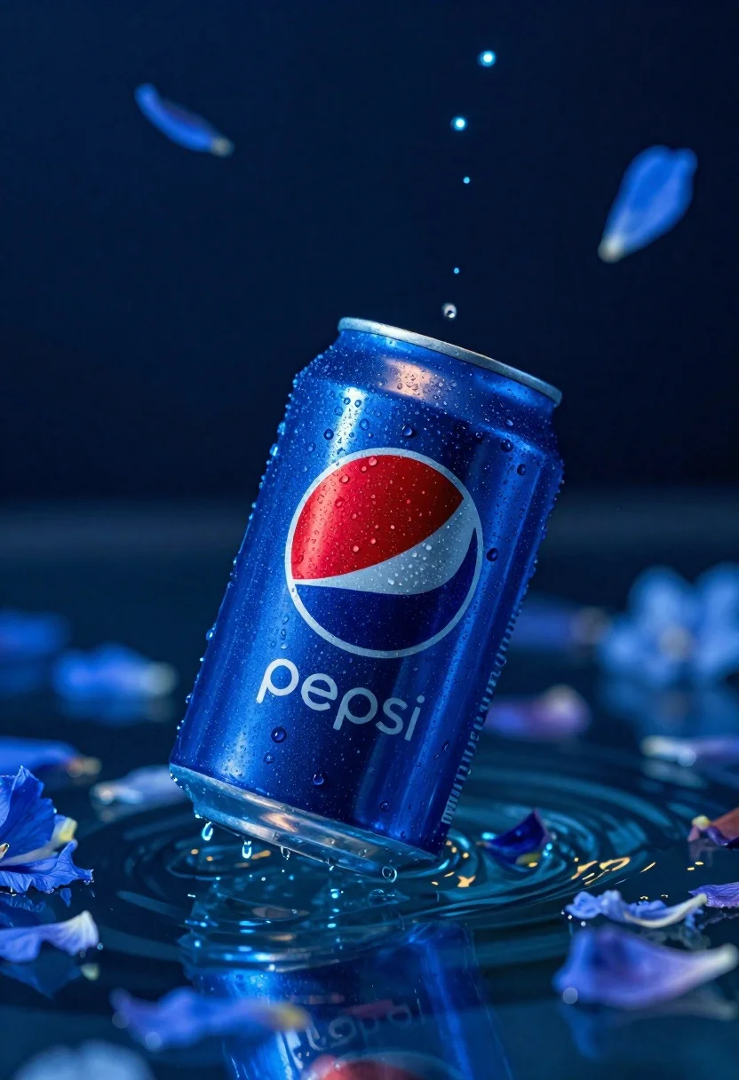 A chilled Pepsi can floats upright in deep blue water, surrounded by falling blue flower petals and glowing particles.