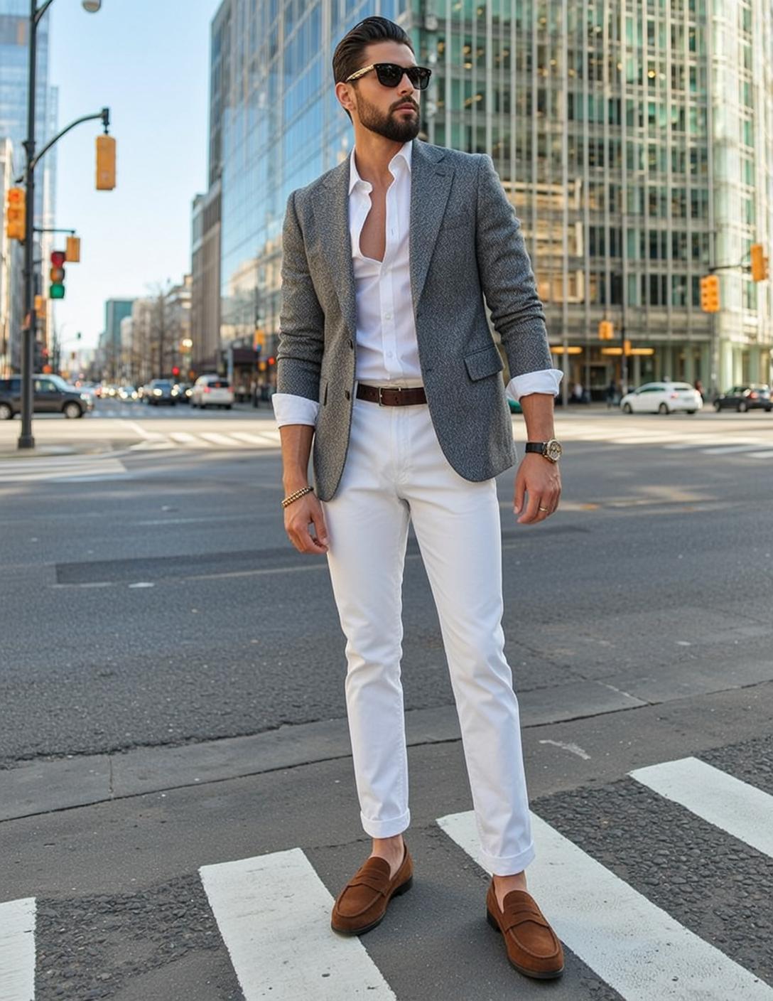 Dark Slicked Back Tan White Unbuttoned Dress