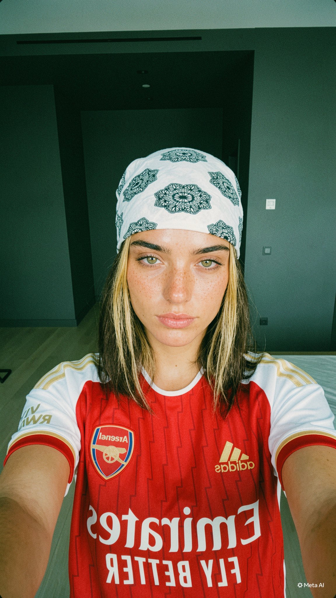 A person wearing an Arsenal jersey and white bandana in a minimalist room, captured at a high angle.