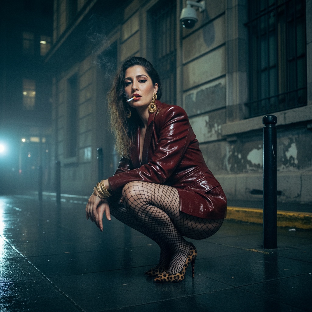 A female model crouches on a wet city sidewalk at night, wearing a glossy maroon leather jacket and fishnet tights, with a seductive gaze.