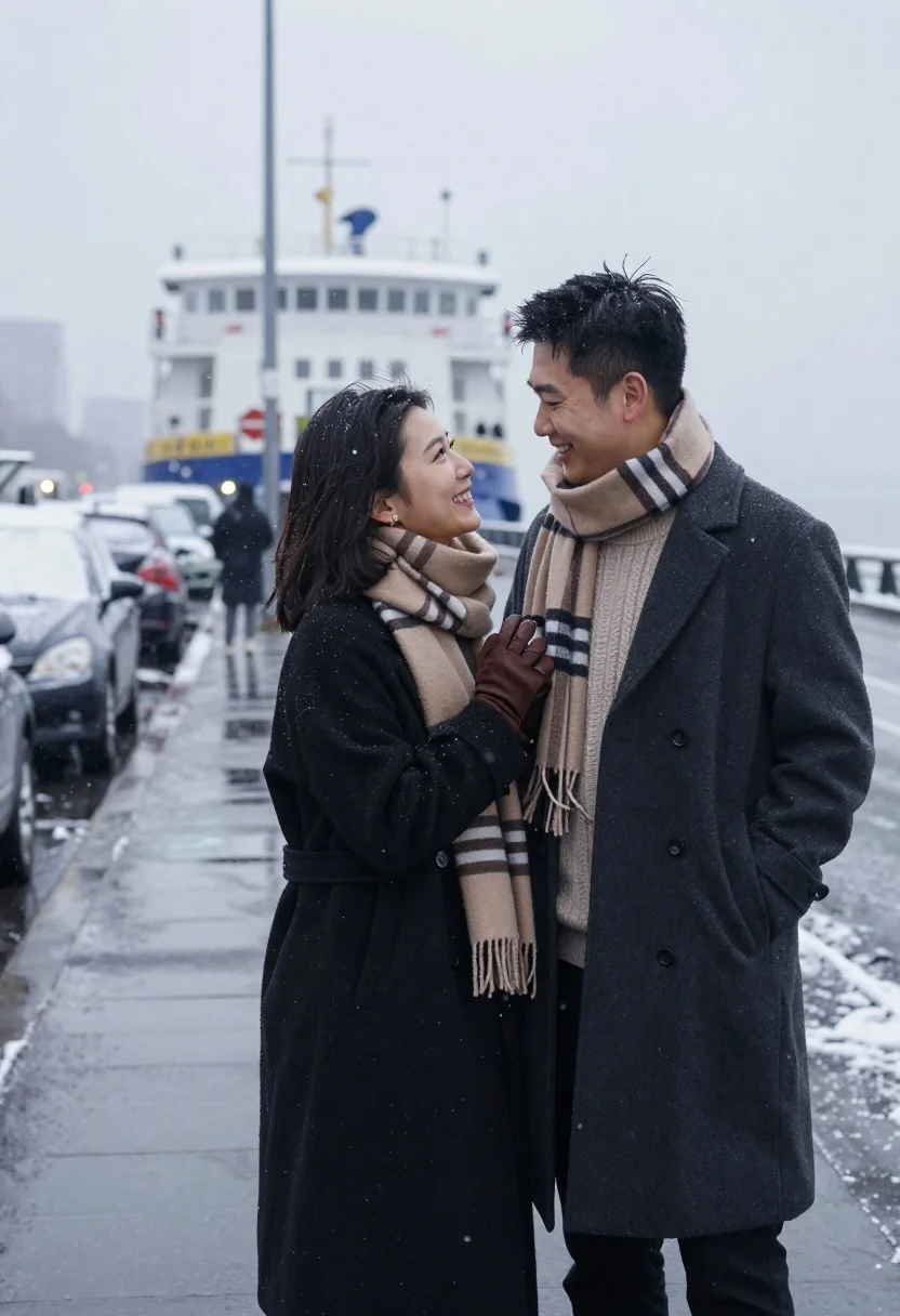 A romantic couple smiles warmly at one another on a wet city sidewalk during gentle snowfall, with blurred pedestrians in the background.