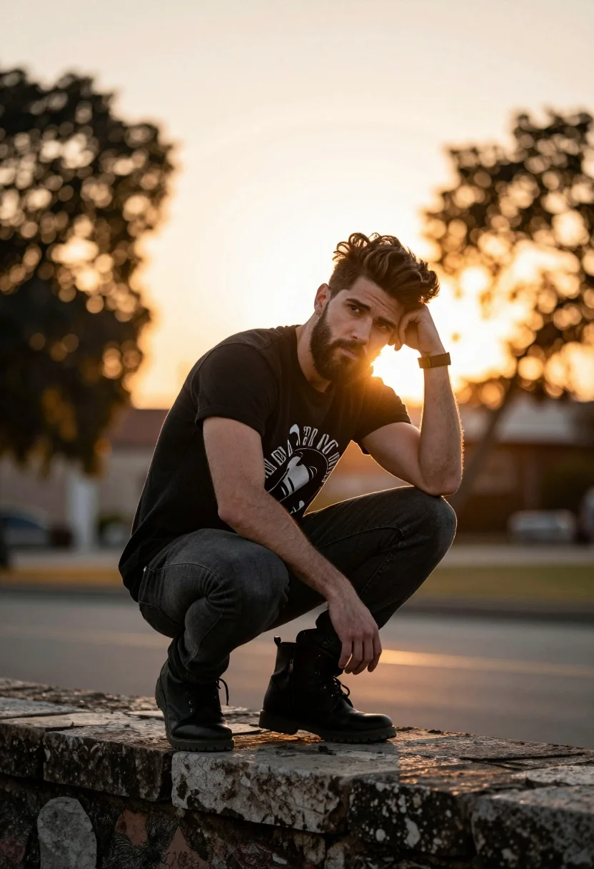 Man Crouching Stone Wall Against Warm Sunset Backdrop Subject Man
