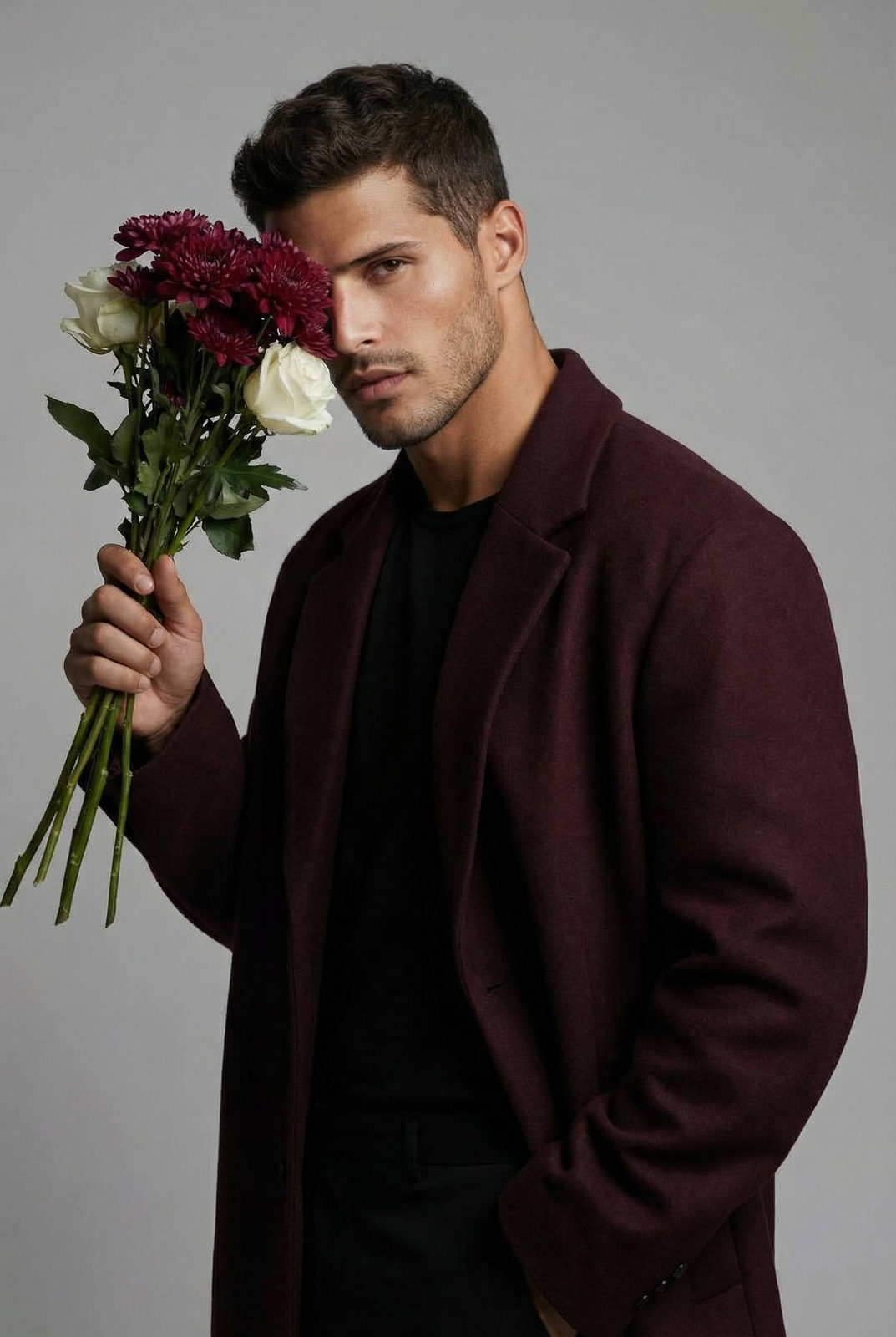 Elegant male portrait featuring a confident man with burgundy flowers, showcasing a clean studio background and dramatic lighting.