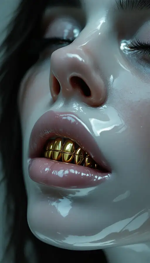 A close-up shot of a woman with a large jaw and gold teeth, showcasing intricate details and a glossy finish.