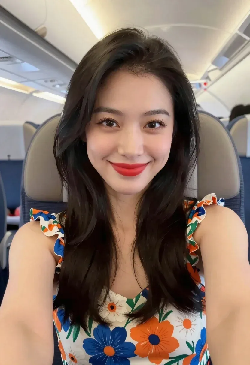 Close-up Selfie Smiling Woman With Long Dark Hair And Warm