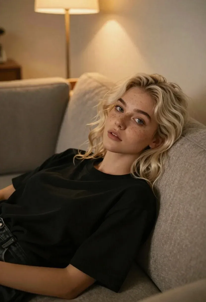 Young Woman With Wavy Platinum Blonde Hair And Freckles Reclines