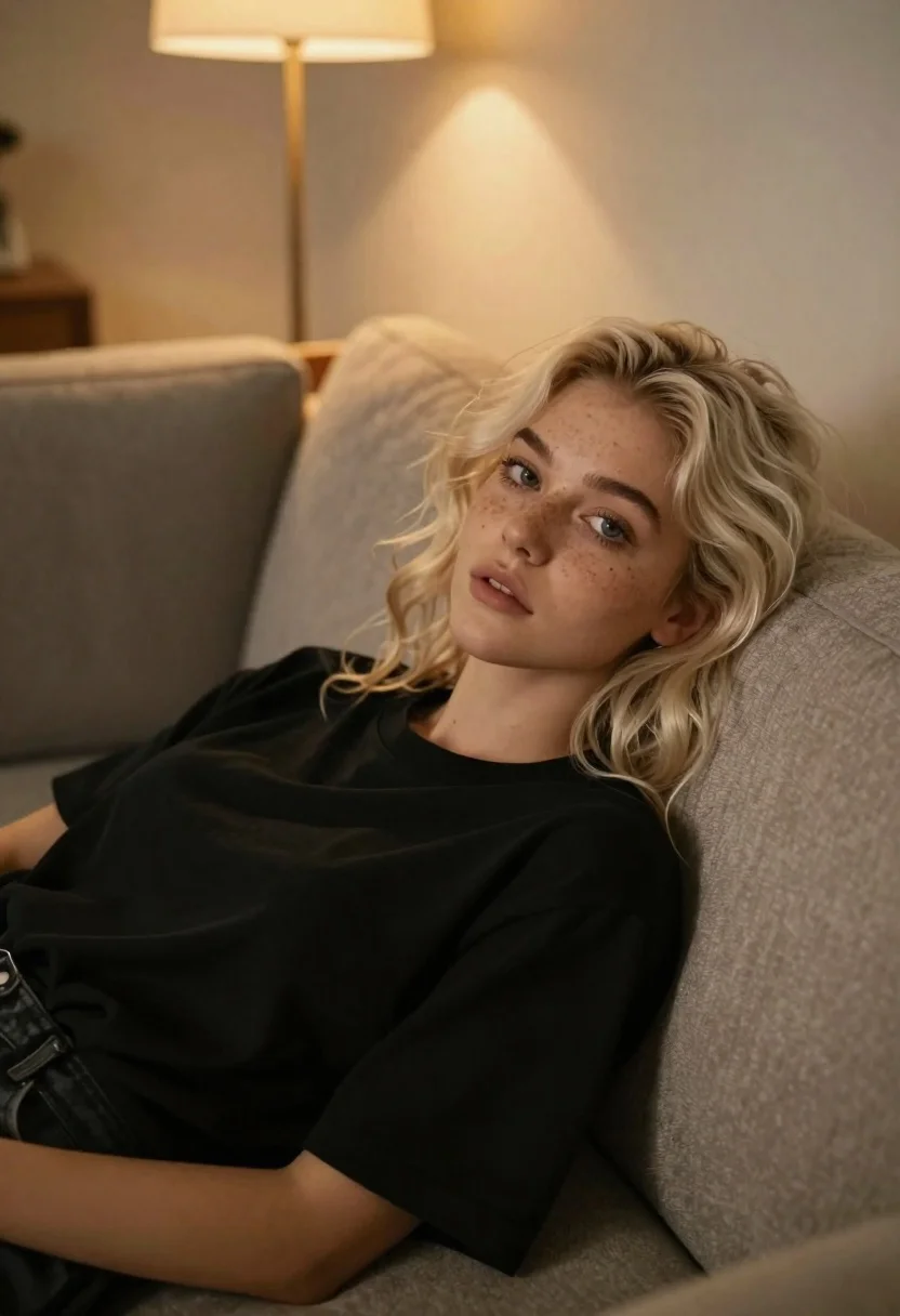 Young Woman With Wavy Platinum Blonde Hair And Freckles Reclines