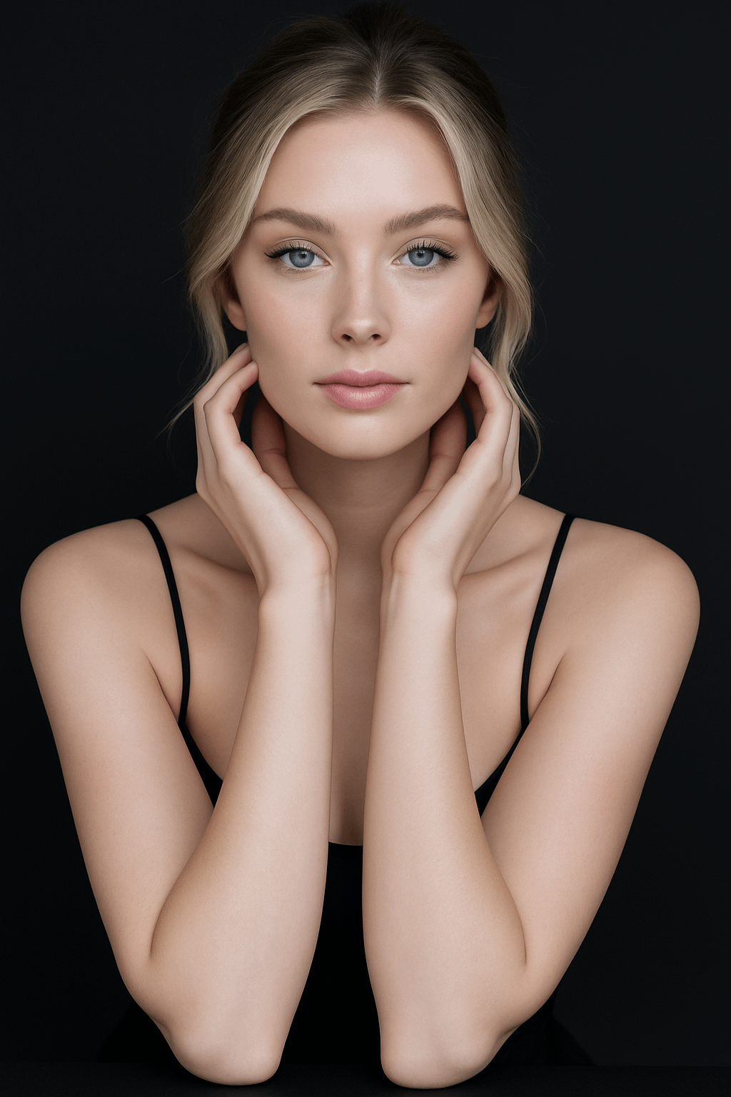 Studio Portrait Hands Framing Face Black Camisole