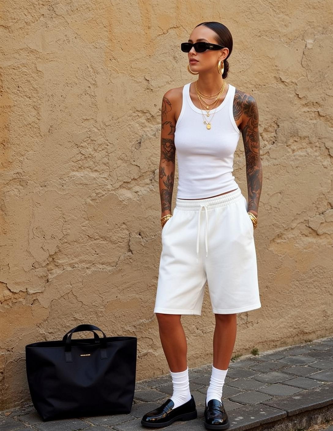 White Ribbed Tank Outdoor Street Cobblestone Ground Object