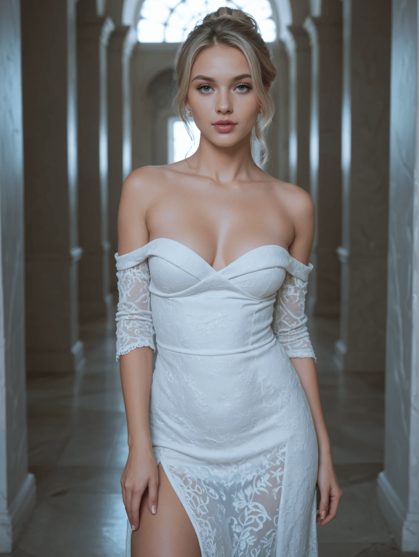 Elegant White Gown In Stone Corridor With Columns