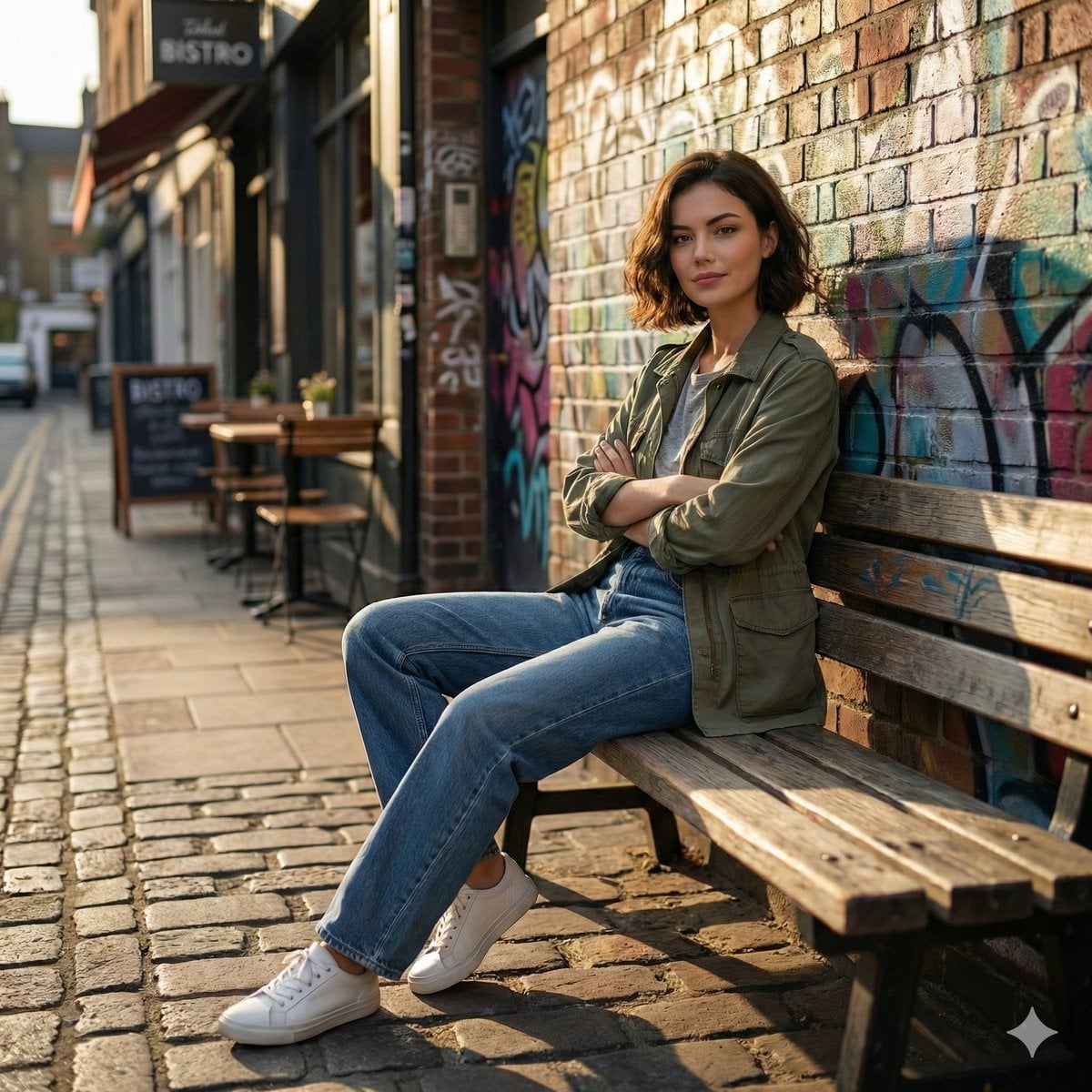 Street Scene Woman On Bench Casual Outfit Graffiti Wall