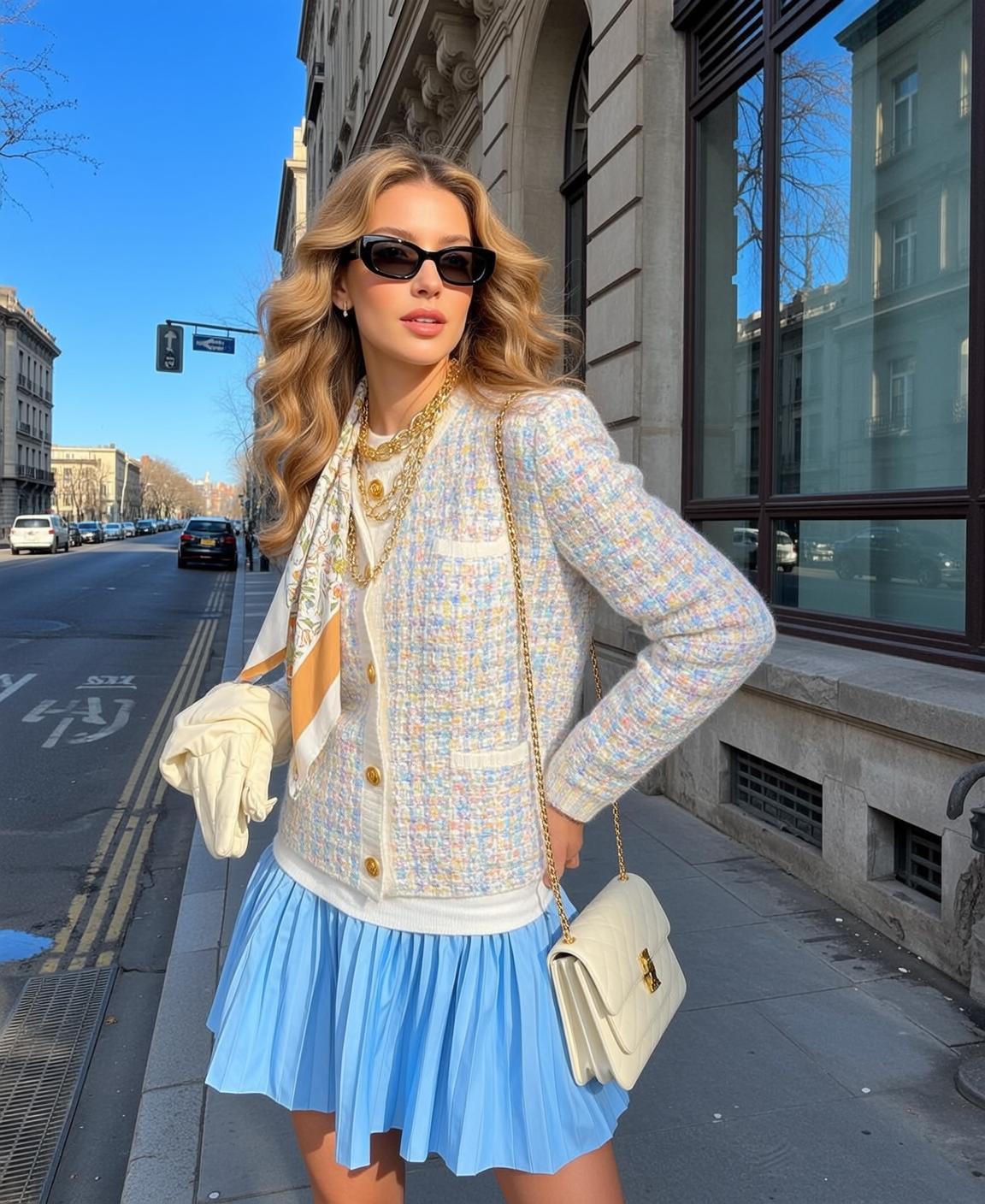 Blonde Woman City Street White Sweater Tweed Cardigan Sunglasses