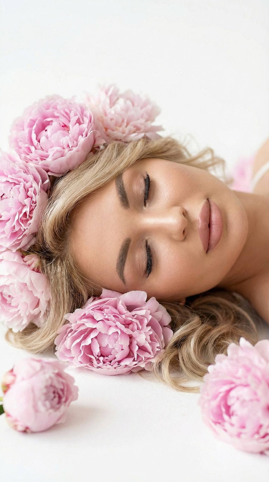 A serene close-up of a girl's face adorned with pale pink peonies lying on a clean floor, eyes closed in bright soft light.