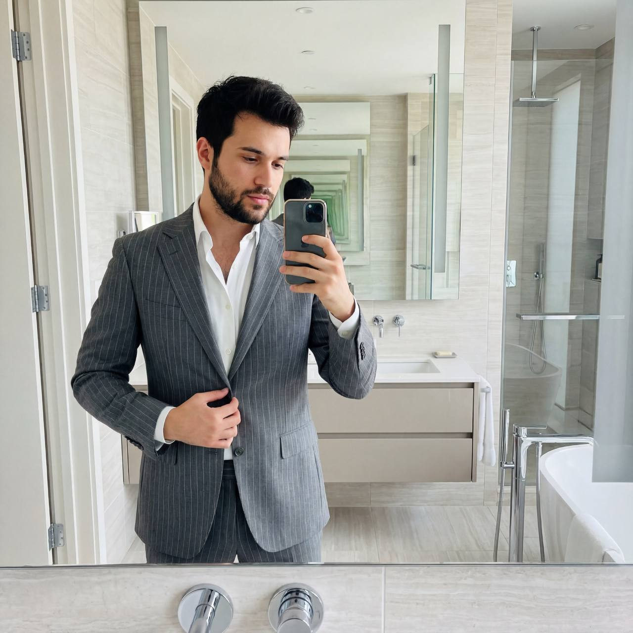 A confident man in a grey striped suit stands in a bright modern bathroom, adjusting his attire in front of a mirror.