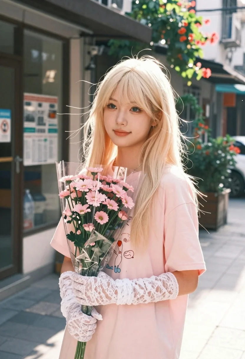 Young Woman With Platinum Blonde Hair Stands Sun-drenched Street Scene