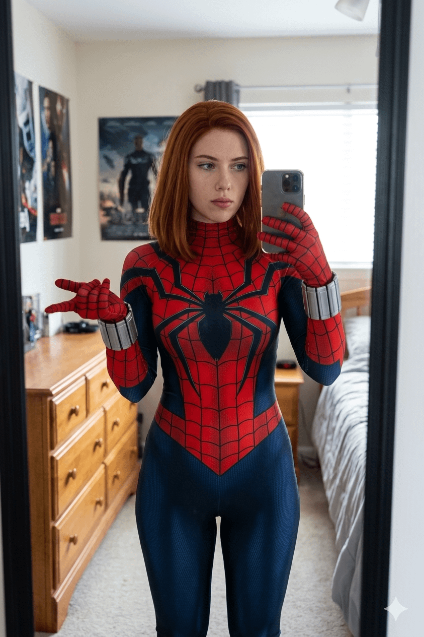 Spider Girl Cosplay Mirror Selfie In Bedroom