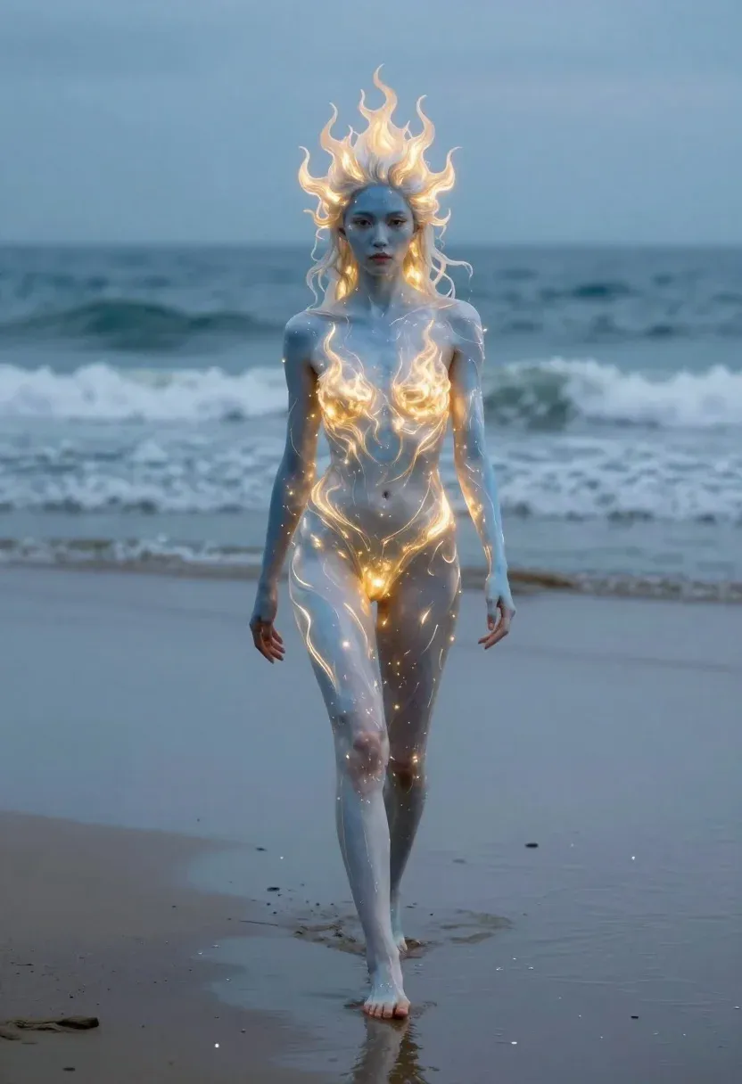 Full-body Shot Surreal Woman Walking Forward Wet Beach Toward The
