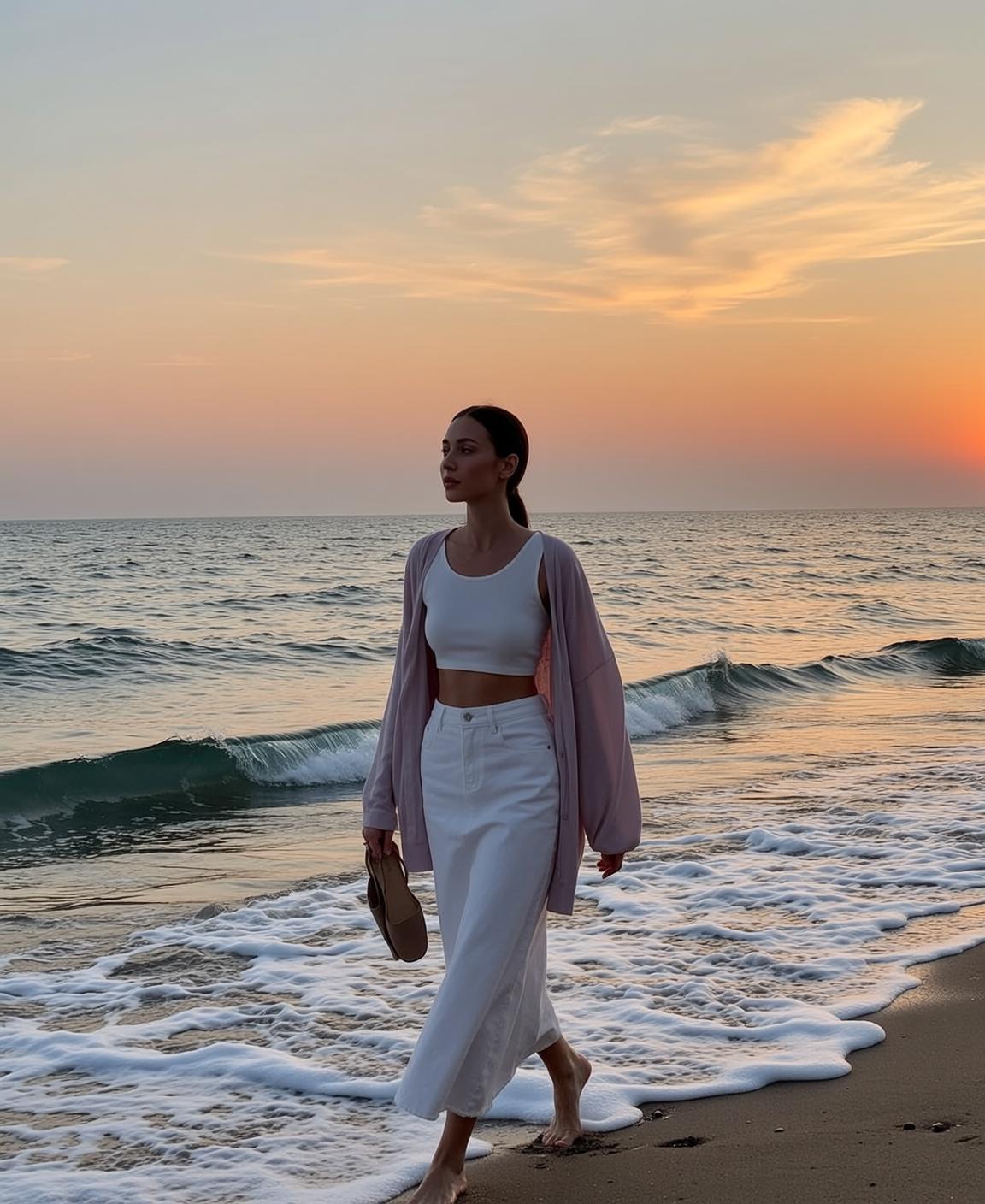 Pink Cardigan Beach Walk