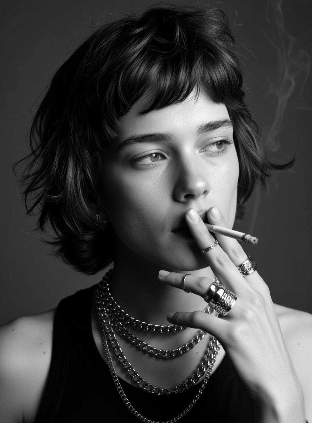 Black And White Medium Close-up Portrait Young Woman With Short