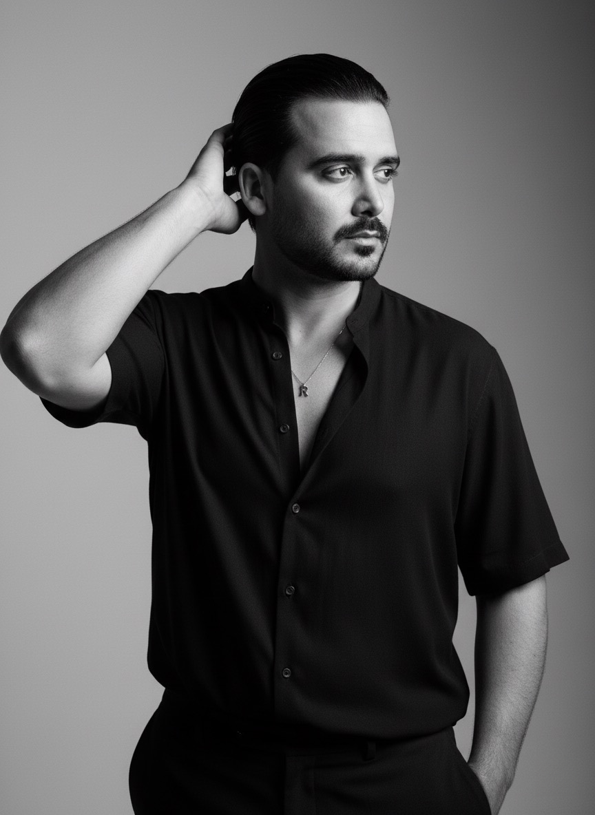 A serious black model in a near-profile pose, hair slicked back, wearing a loose black shirt and a silver pendant.