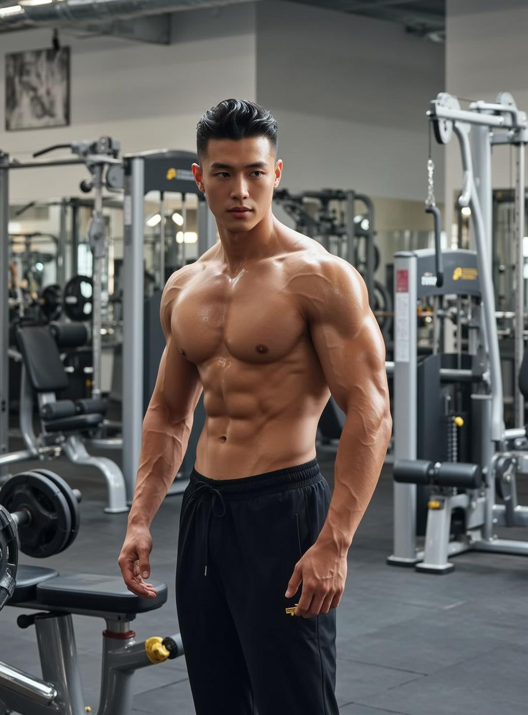 Muscular Asian Black Styled Tan Sweaty Sweatpants