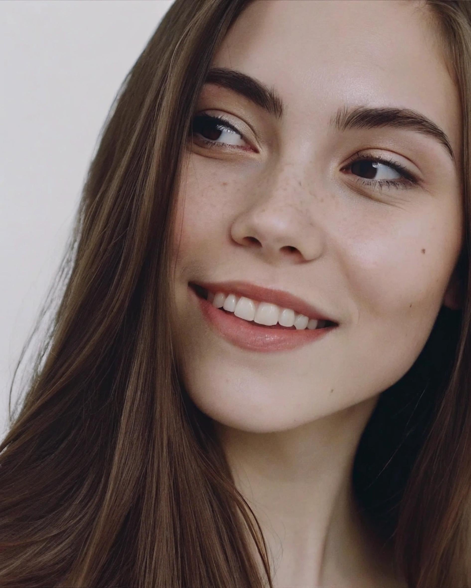 Extreme close-up portrait of a person with long chestnut hair, soft smile, and natural skin tone against a light-grey backdrop.