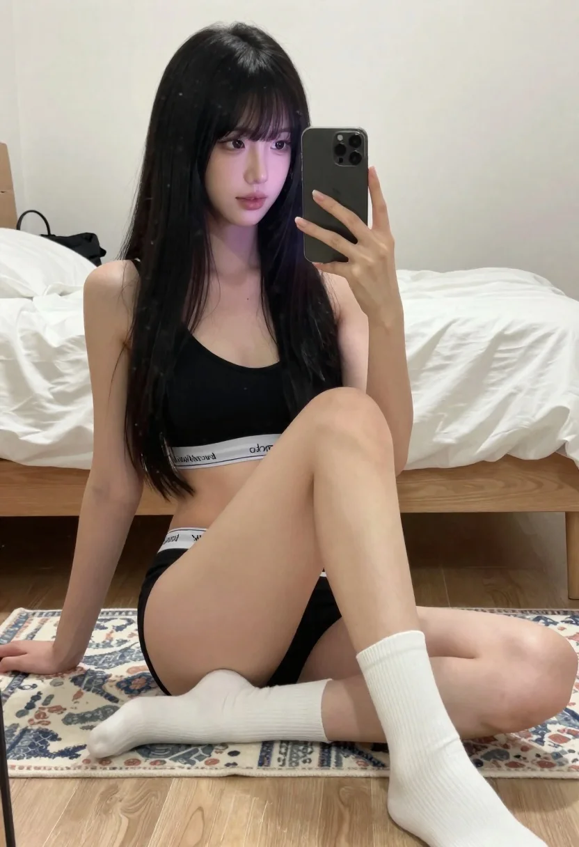 Young Woman With Long Black Hair And Bangs Takes Mirror reference photo