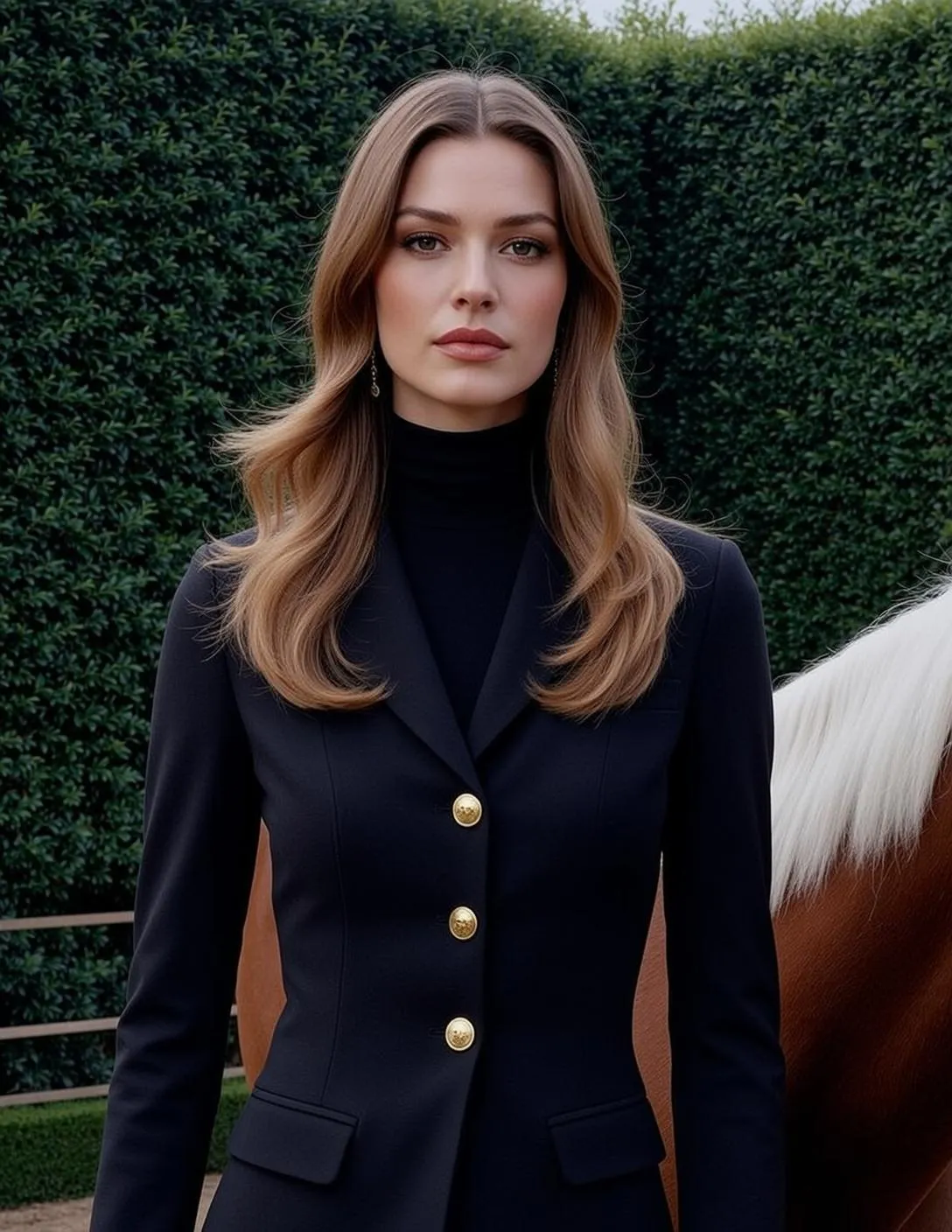 Woman Blonde Hair Black Jacket Gold Earrings Horse