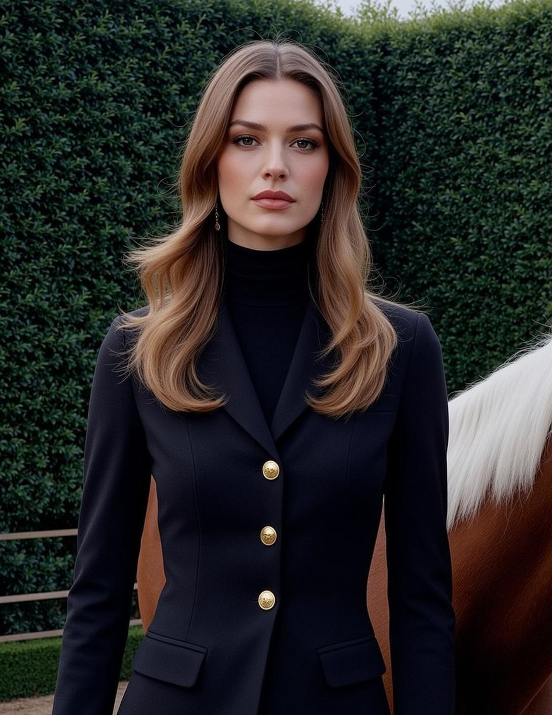 Woman Blonde Hair Black Jacket Gold Earrings Horse
