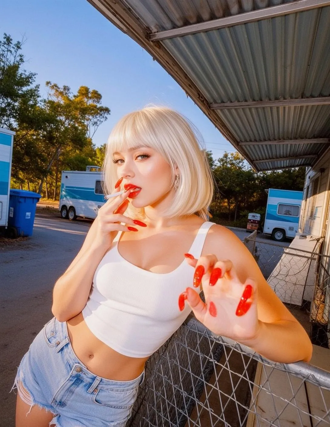 White Cropped Tank Top Light Wash Denim Shorts Asphalt Road