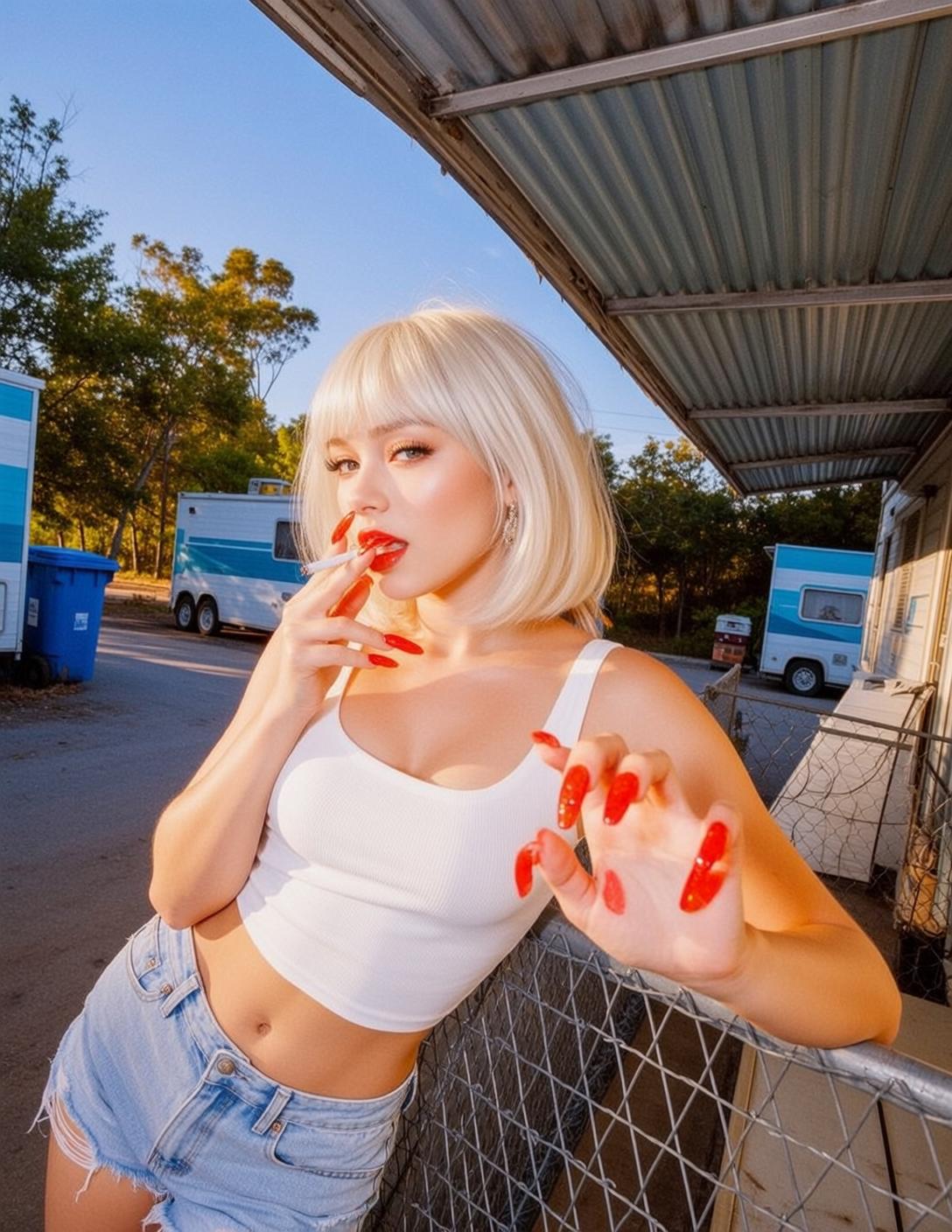 White Cropped Tank Top Light Wash Denim Shorts Asphalt Road