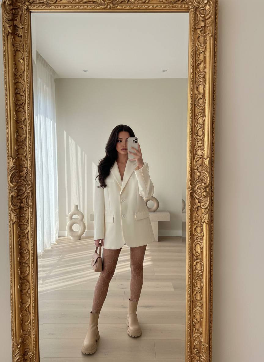 Portrait of a woman in a cream oversized blazer posing in a golden framed mirror, bright modern room with warm lighting.