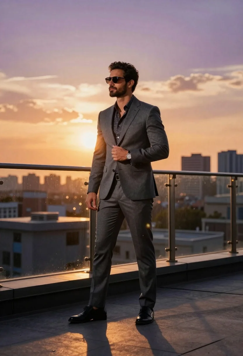 Cinematic Portrait Confident Man Standing Urban Rooftop Terrace Sunset Wearing reference photo