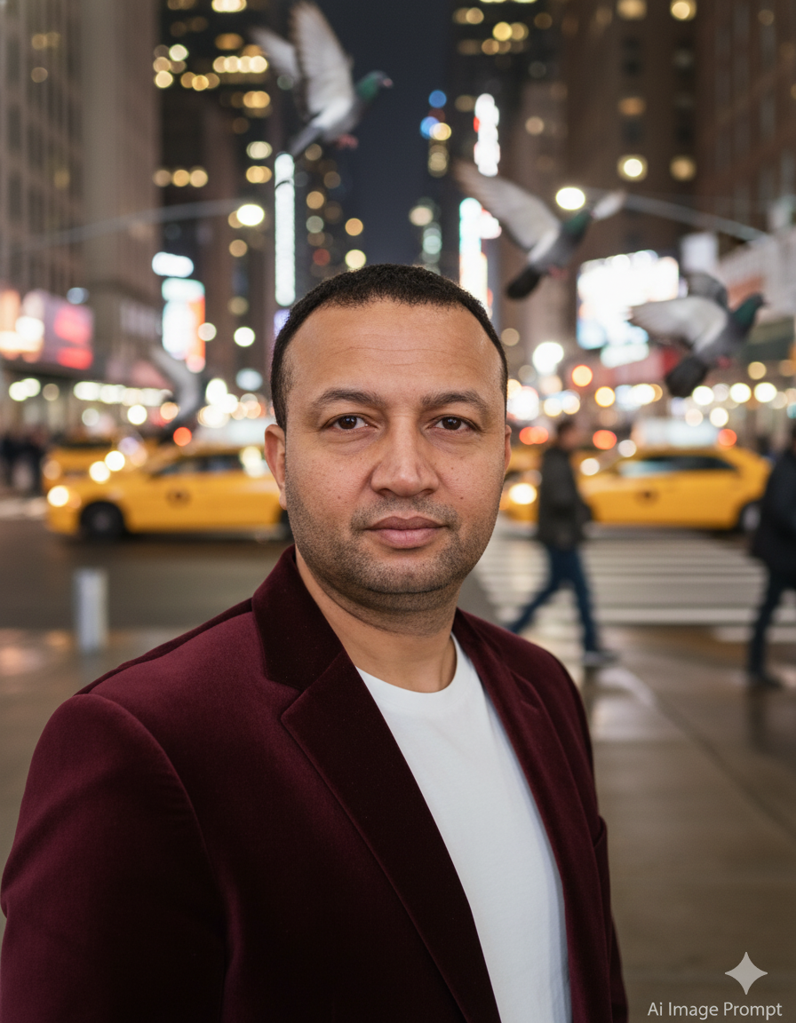 Portrait of a man in a velvet brown jacket and white t-shirt against a blurred night city backdrop with yellow taxis and soft lights.