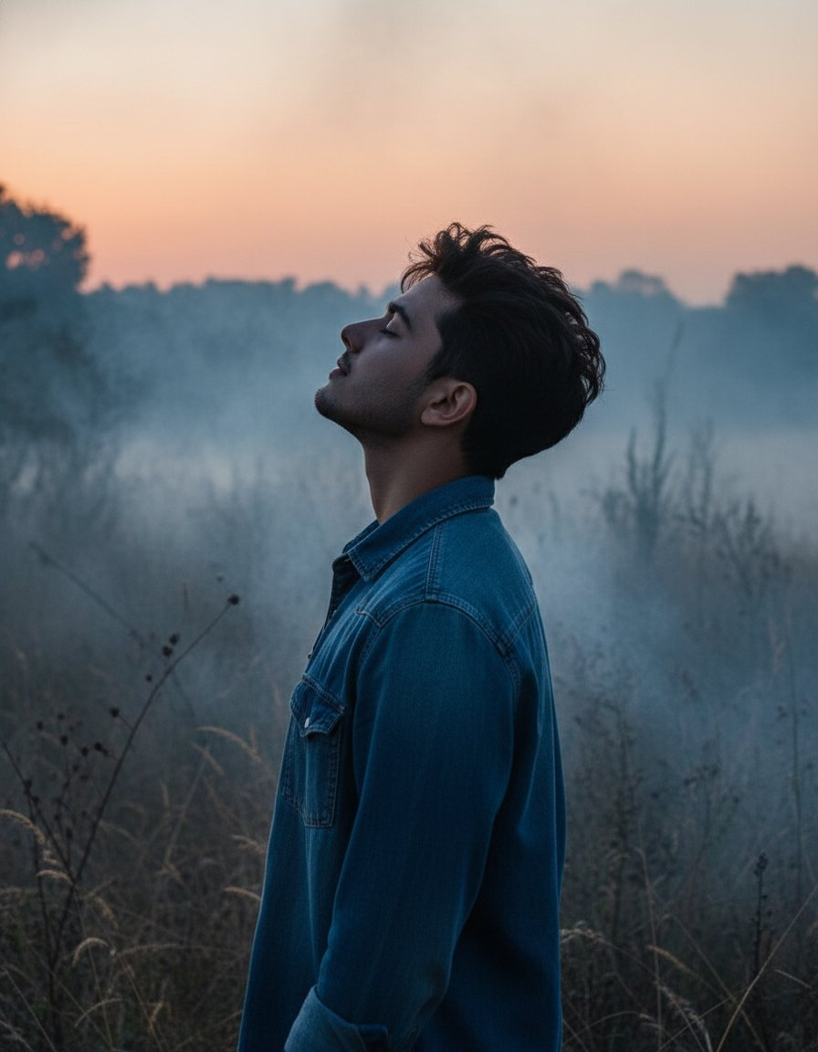 A silhouette of a woman with dark skin and textured hair in a misty wilderness at twilight, absorbed in serene contemplation.
