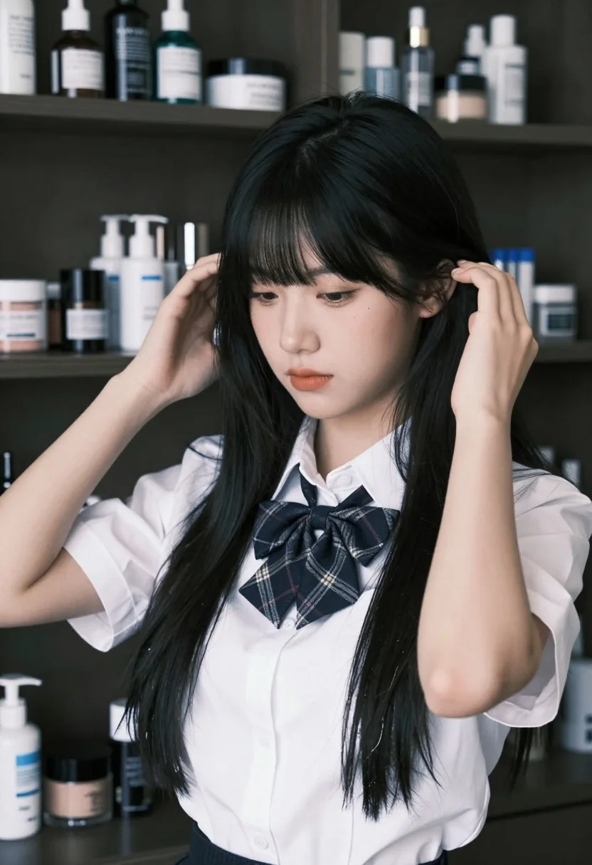 A young woman with long black hair and bangs stands in a dimly lit room, surrounded by shelves filled with various cosmetic bottles.