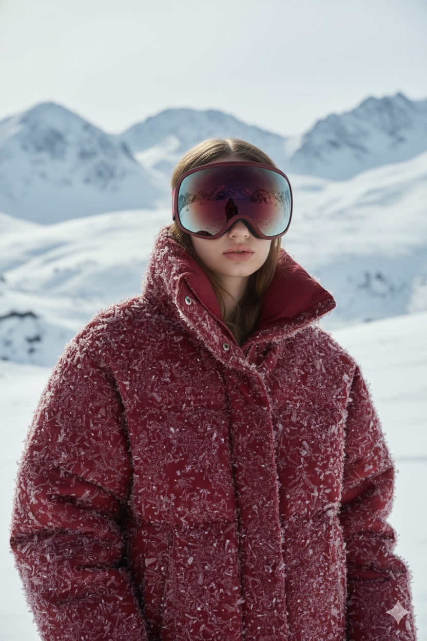 A stylish person in a dark red puffer coat with fur in a snowy mountain setting, wearing ski goggles.