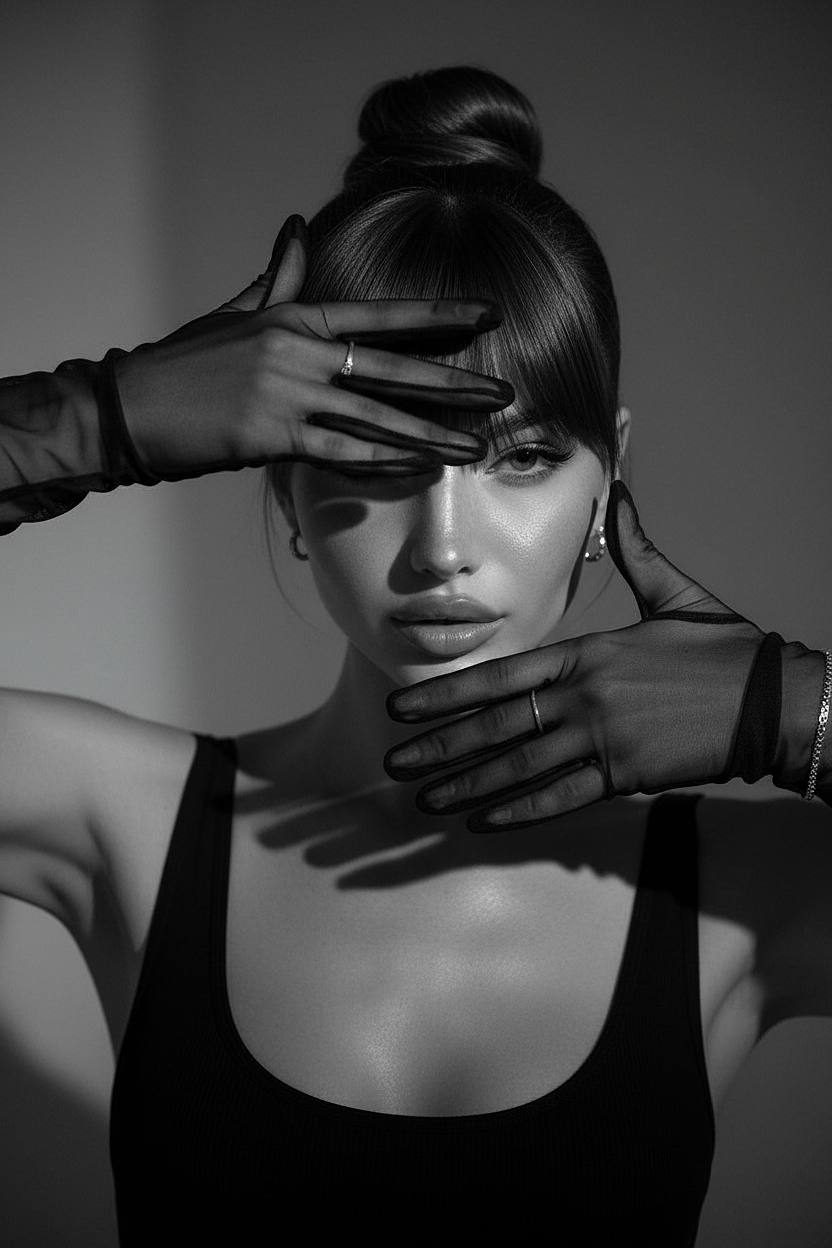 Close-up monochrome portrait of a woman in sheer gloves, elegant lighting highlights her expression against a gray backdrop.