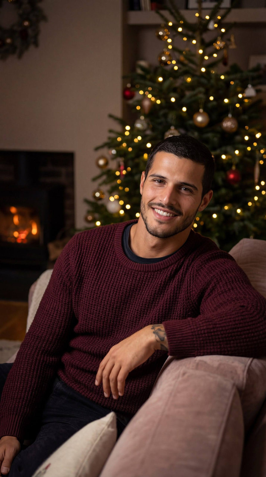 Cozy holiday portrait of a man in a warm living room decked with soft Christmas lights, exuding a relaxed and friendly expression.