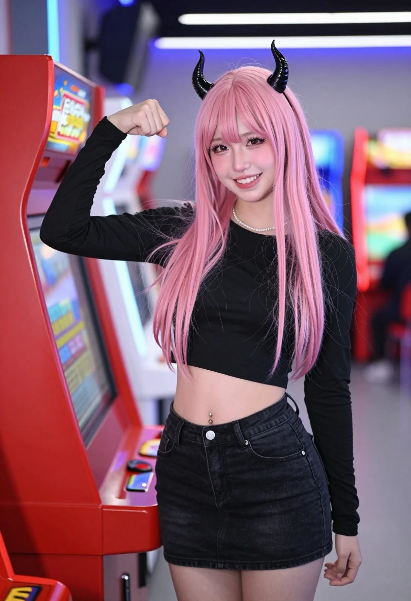 Young Woman With Long Pink Hair And Black Horns Stands